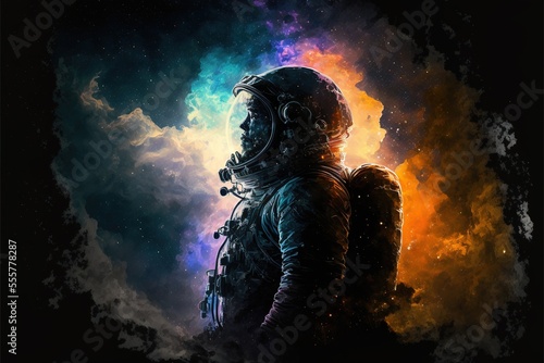 Astronaut on a cold planet in space, snowy mountain landscape. Fantasy space landscape with an astronaut, neon. AI