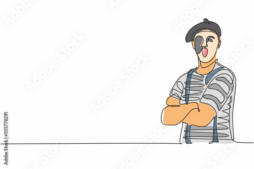 Single one line drawing of young male mime artist with stripped shirt pose cross arm on chest. Professional work and occupation minimal concept. Continuous line draw design graphic vector illustration