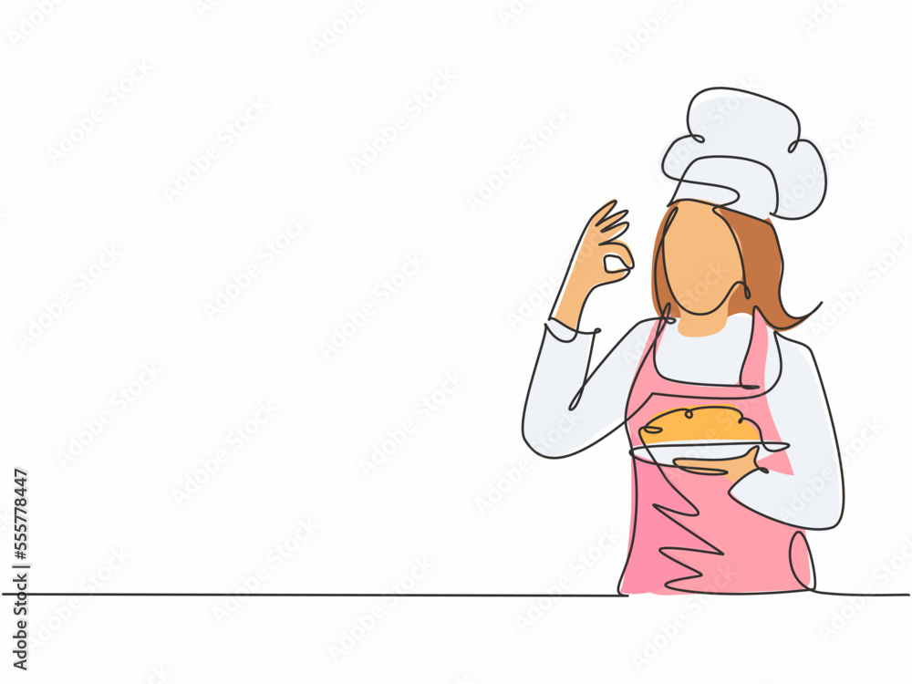 Single one line drawing of young attractive female chef making excellent taste gesture to delicious main dish meal he served. Hotel restaurant trendy one line hand drawn vector illustration minimalism Single one line drawing of young attractive female chef making excellent taste gesture to delicious main dish meal he served. Hotel restaurant trendy one line hand drawn vector illustration minimalism