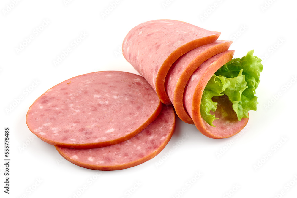 Smoked salami sausage with lettuce leaves isolated on white background. Smoked salami sausage with lettuce leaves isolated on white background.