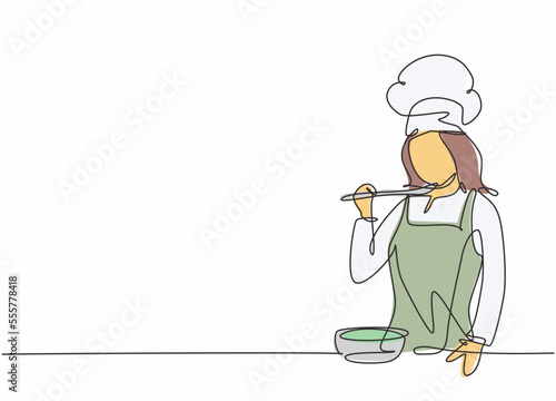 One continuous line drawing of young female chef tasting and smelling soup curry with wooden spoon. Healthy food preparation on commercial kitchen concept single line draw design vector illustration