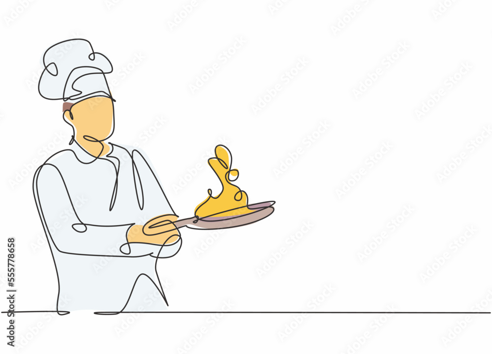 Single continuous line drawing of young confident handsome male chef  throwing ingredient on pan while sauteing the food. Healthy food concept  one line drawing design vector minimalism illustration Stock Vector | Adobe