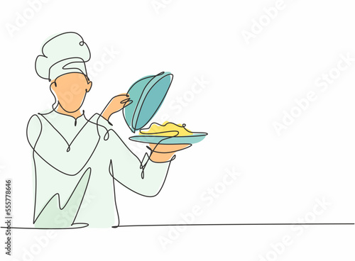 Single one line drawing of young attractive male chef serving delicious cuisine on restaurant. Holding and opening tray cloche modern template one line hand drawn vector illustration minimalism style
