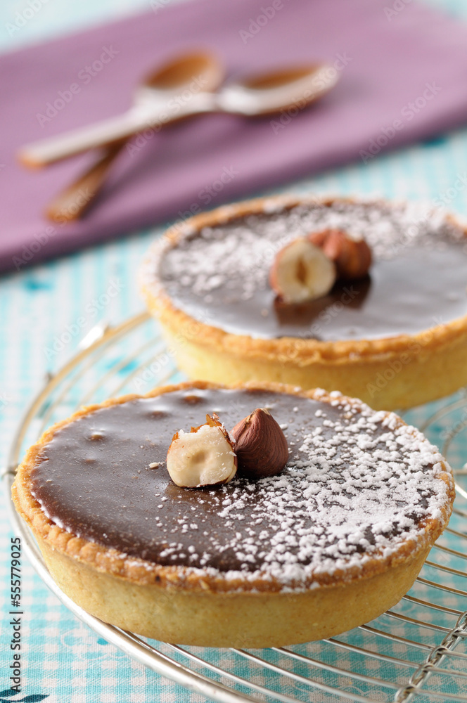 Close-up of Chocolate Tarts on Cooling Rack Topped with Nuts and Icing Sugar Close-up of Chocolate Tarts on Cooling Rack Topped with Nuts and Icing Sugar