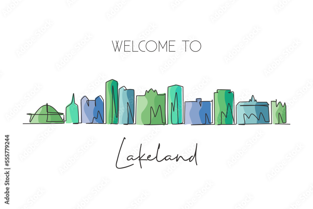 Single continuous line drawing of Lakeland skyline, Florida. Famous city scraper landscape sign. World travel home wall decor art poster print concept. Modern one line draw design vector illustration