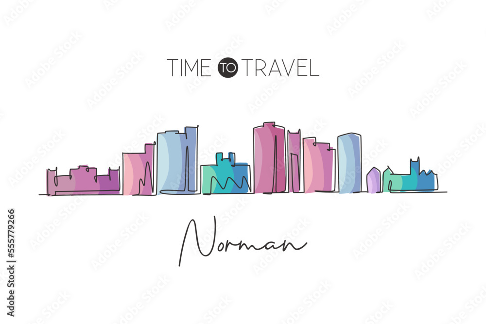 One single line drawing Norman city skyline, Oklahoma. World historical town landscape postcard print. Best holiday destination. Editable stroke trendy continuous line draw design vector illustration