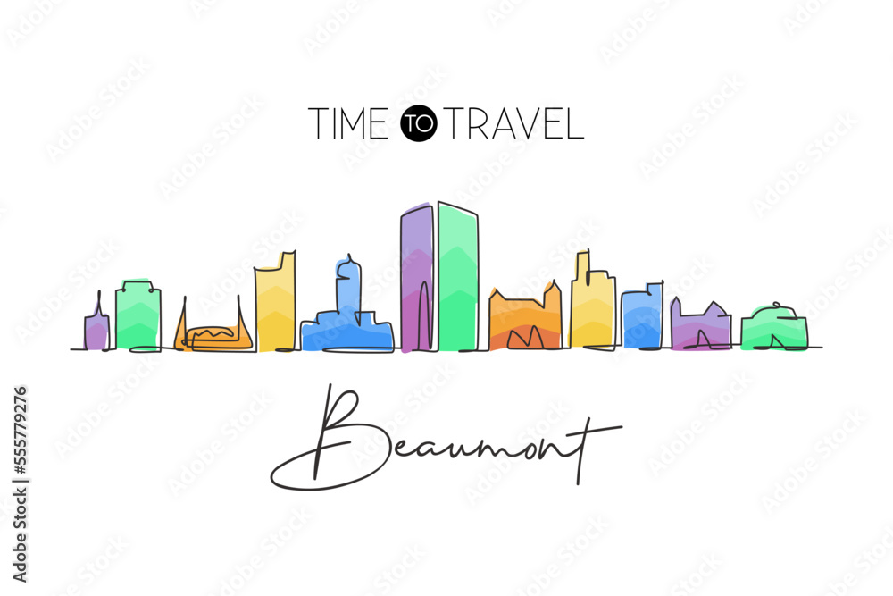 One single line drawing Beaumont city skyline, Texas. World historical town landscape. Best holiday destination postcard. Editable stroke trendy continuous line draw design vector graphic illustration