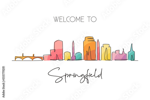 Single continuous line drawing Springfield skyline, Massachusetts. Famous city scraper landscape. World travel home wall decor art poster print concept. Modern one line draw design vector illustration