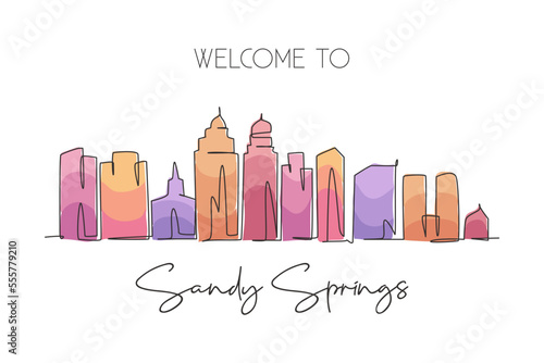 Single continuous line drawing Sandy Springs skyline, Georgia. Famous city scraper landscape. World travel home wall decor art poster print concept. Modern one line draw design vector illustration