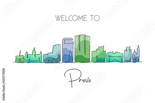 One continuous line drawing Provo city skyline, Utah. Beautiful landmark art. World landscape tourism travel home wall decor poster print. Stylish single line draw design vector graphic illustration