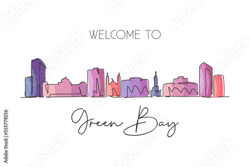 Single continuous line drawing of Green Bay skyline, Wisconsin. Famous city scraper landscape. World travel home wall decor art poster print concept. Modern one line draw design vector illustration