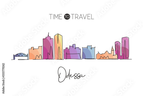 Single continuous line drawing of Odessa city skyline, Texas. Famous city scraper landscape. World travel home wall decor art poster print concept. Modern one line draw design vector illustration
