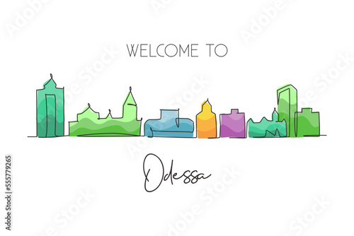 One single line drawing Odessa city skyline, Texas. World historical town landscape postcard. Best holiday destination. Editable stroke trendy continuous line draw design vector graphic illustration