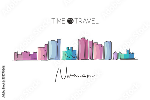 One single line drawing Norman city skyline, Oklahoma. World historical town landscape postcard print. Best holiday destination. Editable stroke trendy continuous line draw design vector illustration