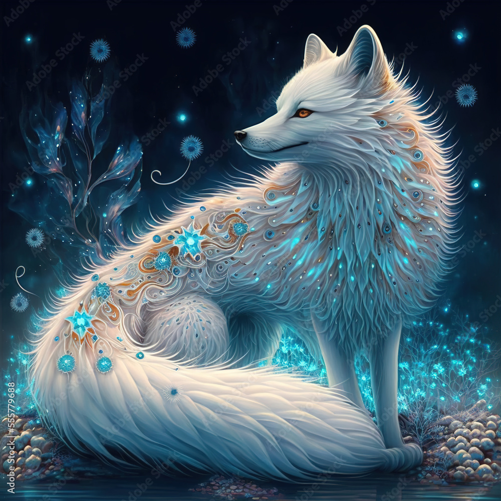white fox with eyes blue snow winter
