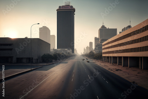 Bangkok's metropolitan metropolis in the morning, with a barren asphalt surface in the foreground. Generative AI