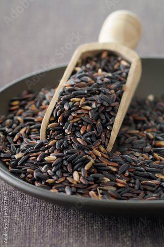 Close-up of Bowl of Black Rice with Scoop, Studio Shot photo