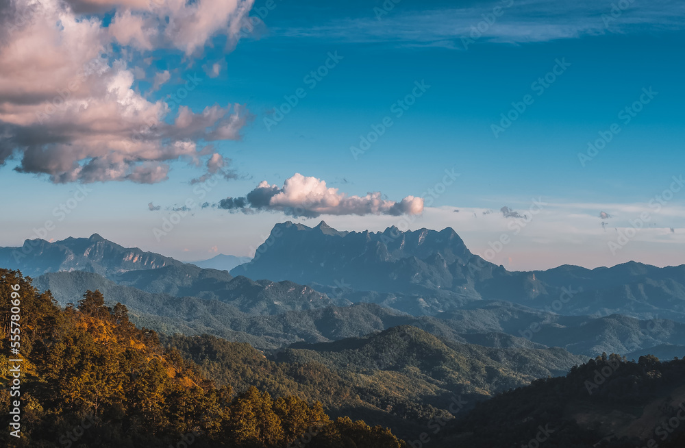 Scenery of Doi Luang Chiang Dao mountain peak on viewpoint in national park at the sunrise. Hadubi hill viewpoint, Wiang Haeng, Chiang Mai, Thailand. Cinematic Tone Effect.