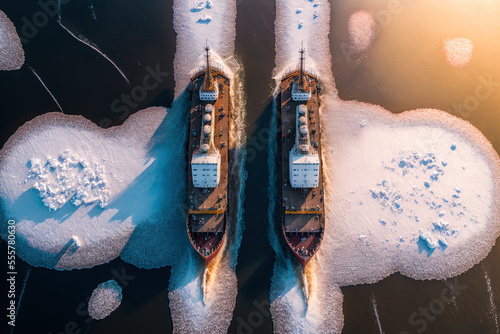 Aerial image of two icebreakers breaking ice on the Vistula River in Poland on February 18, 2020. Generative AI photo