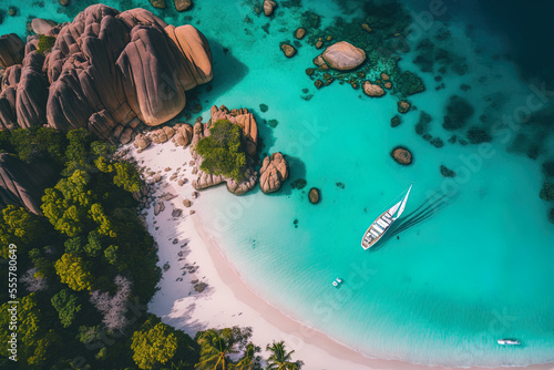 Fotografiet Aerial view of La Digue island's Grand Anse beach in the Seychelles