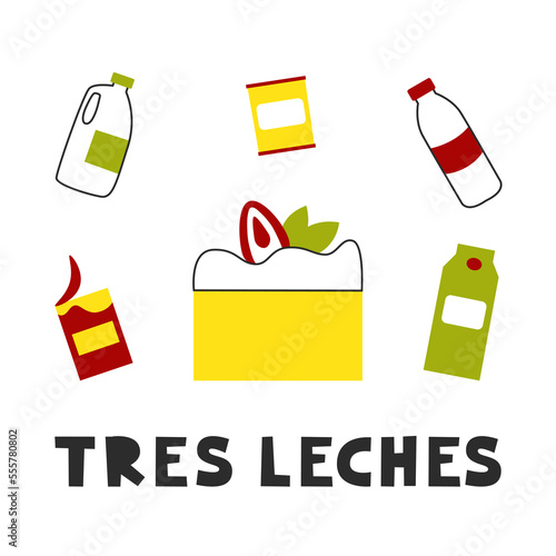 Tres leches traditional maxican dessert with cream and strawberry. Latin American sponge cake. Milk packages. Vector flat illustration. photo