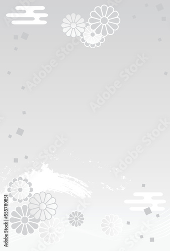 喪中　はがき　フレーム　背景　イラスト素材　菊　白黒　薄墨