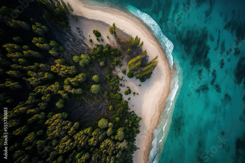 aerial picture of a sandy beach and a coniferous forest in Norway, taken from above. This is a top down perspective of Scandinavian wildness and the sea. Generative AI © 2ragon