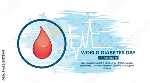 World Diabetes Day. Holiday or festival, world blood disease day. Graphic element for website. Finger with red drop on background of cardiogram and dna structure. Cartoon flat vector illustration