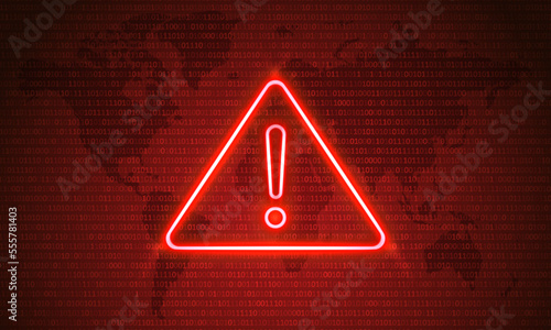 Attention Danger Hacking. Neon Symbol on Red Map Background. Security protection  Malware  Hack Attack  Data Breach Concept. System hacked error  Attacker alert sign computer virus. Ransomware. Vector