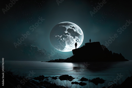 At dusk, a silhouette of a person standing on a rock may be seen on the horizon with the moon and stars above the water. Generative AI