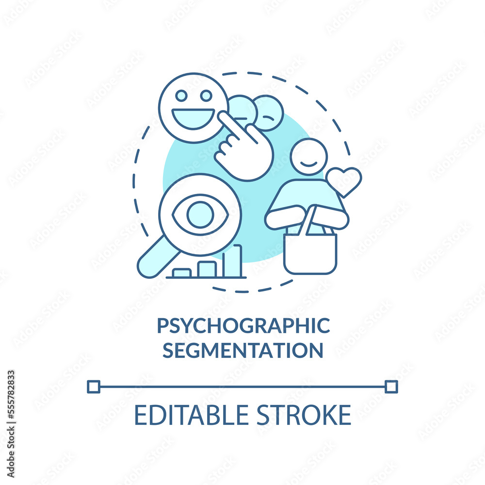 Fototapeta premium Psychographic segmentation blue concept icons set. Market segmentation type abstract idea thin line illustration. Isolated outline drawing. Editable stroke. Arial, Myriad Pro-Bold fonts used