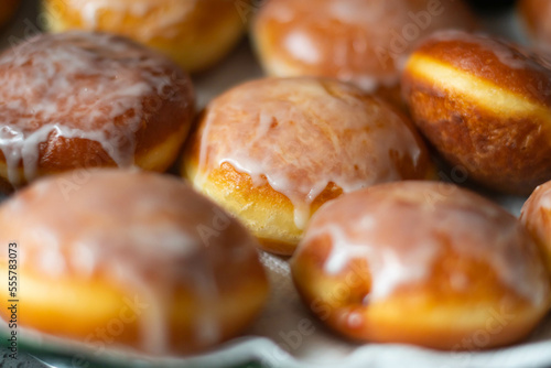 Home made glazed donut close up selective focus, food and drink theme
