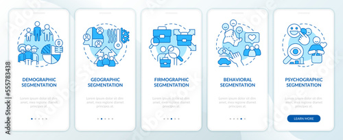 Type of market segmentation blue onboarding mobile app screen. Walkthrough 5 steps editable graphic instructions with linear concepts. UI, UX, GUI template. Myriad Pro-Bold, Regular fonts used