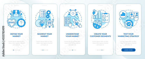 Get started with segmentation blue onboarding mobile app screen. Walkthrough 5 steps editable graphic instructions with linear concepts. UI, UX, GUI template. Myriad Pro-Bold, Regular fonts used