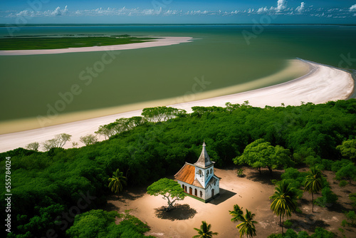 Aerial image of Brazil's Bahia state's Trancoso and Porto Seguro. Quadrado, a little chapel in Trancoso's medieval district. with the ocean in the distance. Generative AI photo