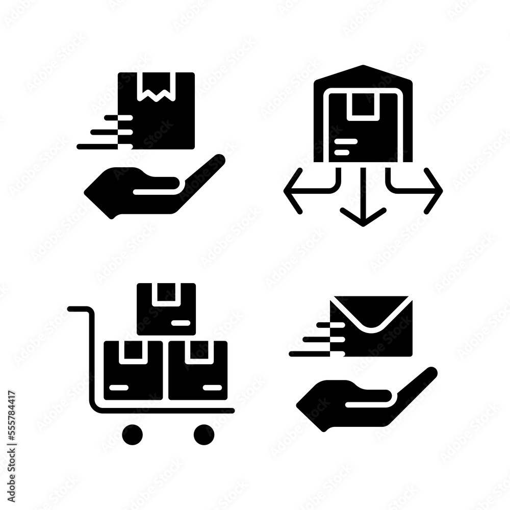 Shipping service black glyph icons set on white space. Delivery and distribution of goods. Send parcel, letter. Silhouette symbols. Solid pictogram pack. Vector isolated illustration Shipping service black glyph icons set on white space. Delivery and distribution of goods. Send parcel, letter. Silhouette symbols. Solid pictogram pack. Vector isolated illustration