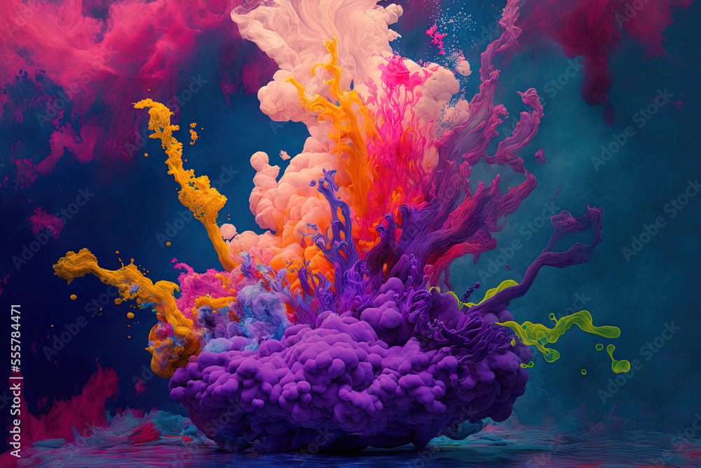 Acrylic paint underwater explosion with a purple backdrop and rainbow smoke. Generative AI