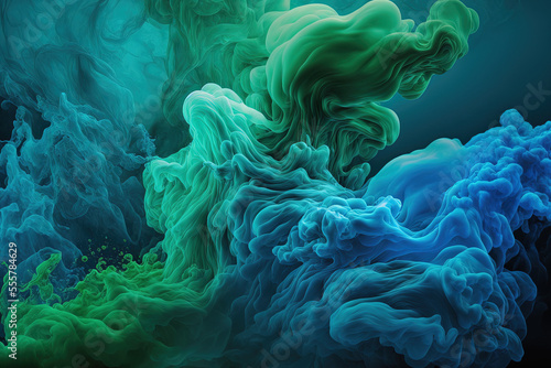 Acrylic paint in the form of a flowing abstract backdrop in blue and green. undersea ocean of lactic smoke. Generative AI