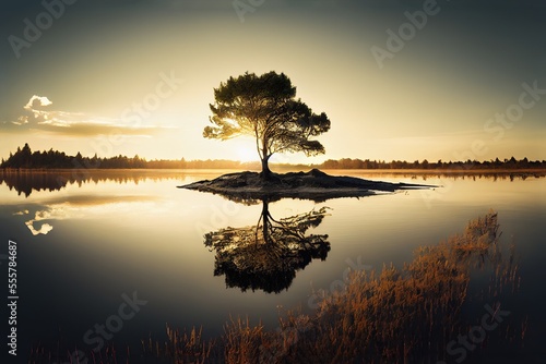 tree on a very small island in a lake during sunset or sunrise, generative ai © Felix