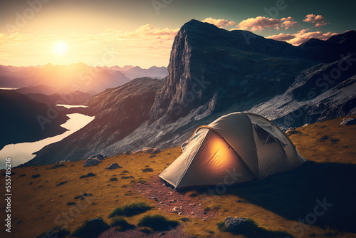 Active tourism and hiking idea with a tourist camping tent on a mountain during a beautiful sunny evening. Generative AI