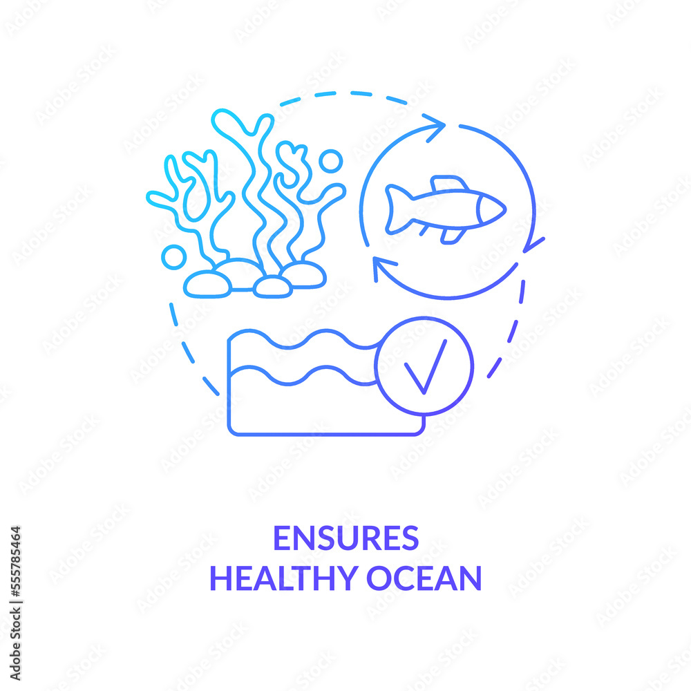 Ensures healthy ocean blue gradient concept icon. Marine wildlife protection. Regenerative food abstract idea thin line illustration. Isolated outline drawing. Myriad Pro-Bold font used Ensures healthy ocean blue gradient concept icon. Marine wildlife protection. Regenerative food abstract idea thin line illustration. Isolated outline drawing. Myriad Pro-Bold font used