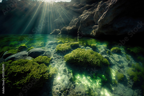 Under the influence of the sun's rays, the seabed's stones and algae flourish. Generative AI © 2rogan