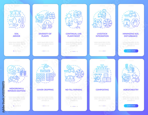 Regenerative agriculture blue gradient onboarding mobile app screens set. Walkthrough 5 steps graphic instructions with linear concepts. UI, UX, GUI template. Myriad Pro-Bold, Regular fonts used