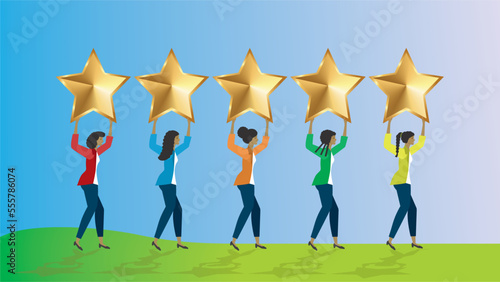 Women walking with five golden stars. Dimension 16:9. Vector illustration.