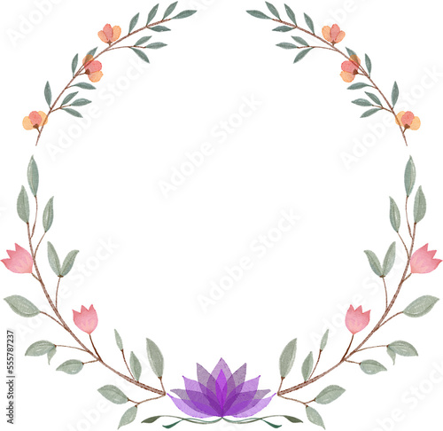 Flower wreath watercolor hand paint, Floral wreath with leaves frame, Cute hand drawn floral wreath watercolor clipart transparent png