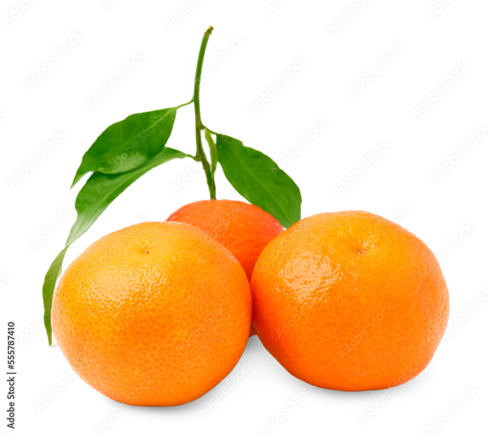 Fresh ripe juicy tangerines with green leaves isolated on white Fresh ripe juicy tangerines with green leaves isolated on white