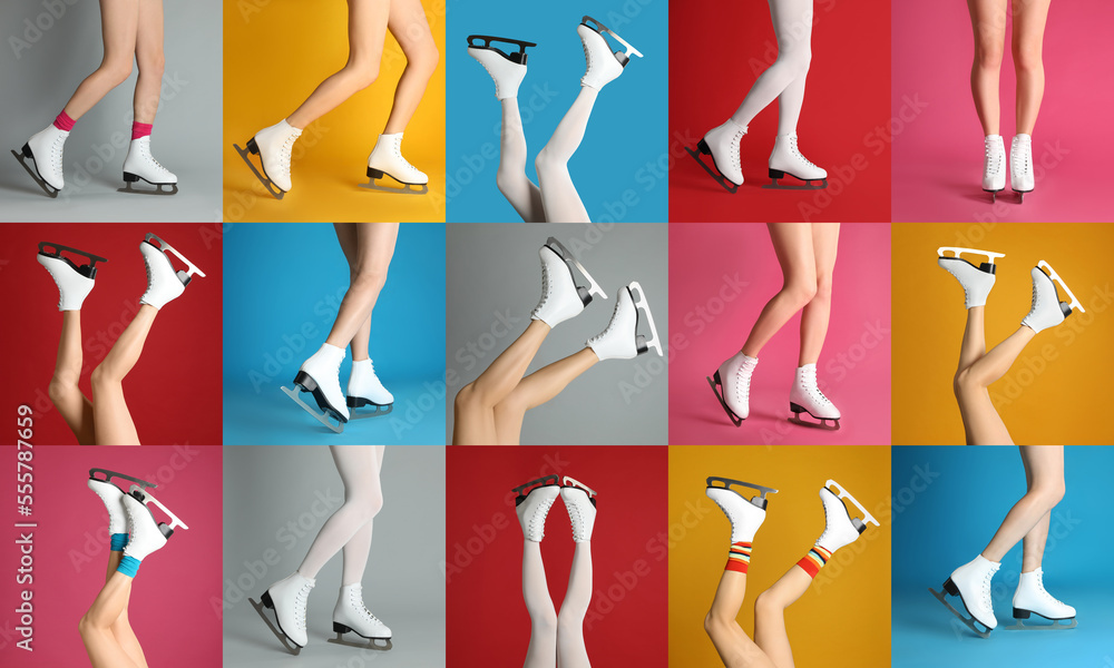 Collage with photos of women in ice skates on different color backgrounds, closeup view of legs