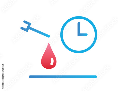 Antibodies vaccine colorful icon. Syringe with drop on background of clock, development of immunity. Laboratory and experiments. Poster or banner for website. Cartoon flat vector illustration