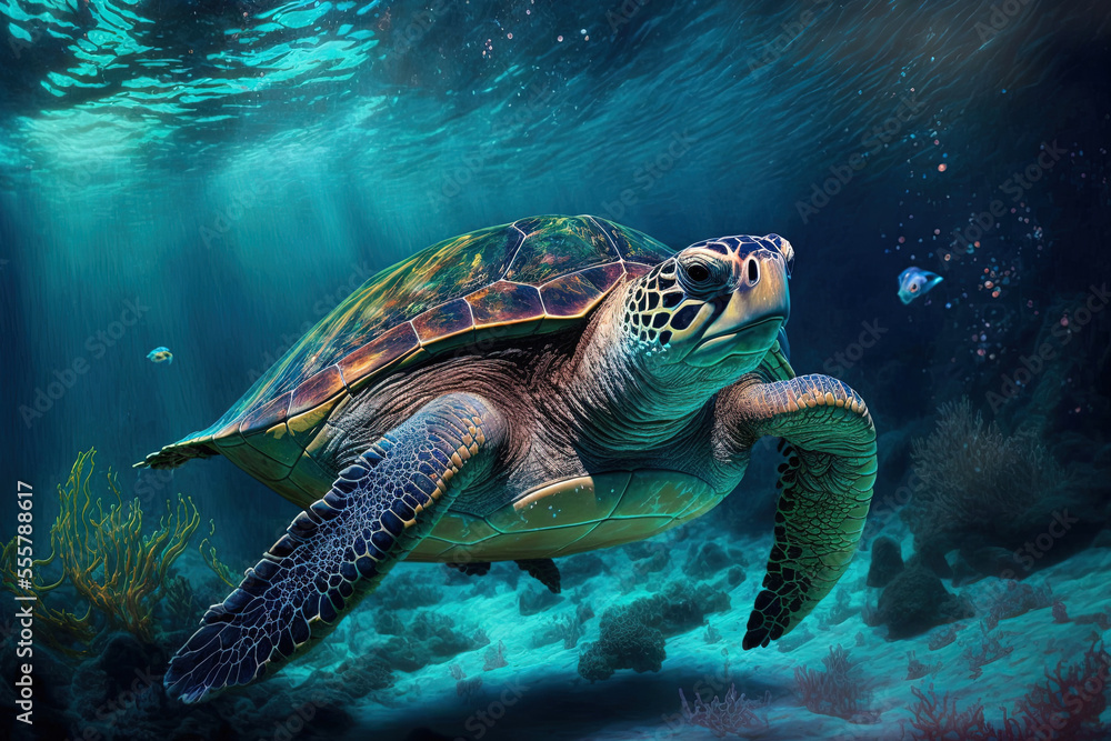 Fototapeta premium Underwater sea turtle strange marine animal underwater turtle. Generative AI