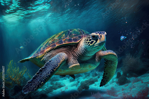 Underwater sea turtle strange marine animal underwater turtle. Generative AI